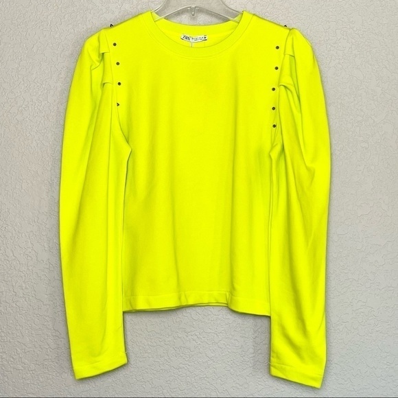 NWT ZARA 80s 90s Neon Long Puffed Sleeve Studded Shoulder Pullover Sweater S - Picture 4 of 7